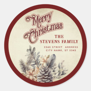 Modernes Drehbuch Frohe Weihnachtskiefer Blumenkog Runder Aufkleber