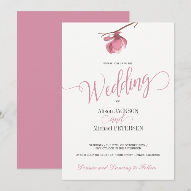 Modernes Drehbuch für die Hochzeit in Rosa und Wei Einladung (Vorne/Hinten)