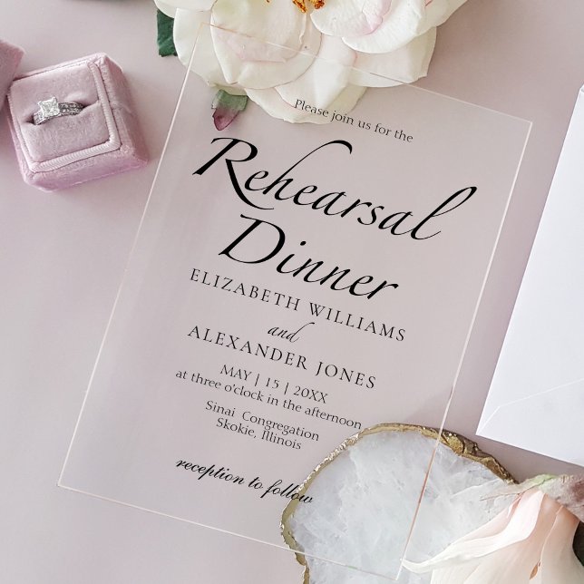 Modernes Drehbuch Minimalistische Probe Dinner Acryleinladungen (Von Creator hochgeladen)