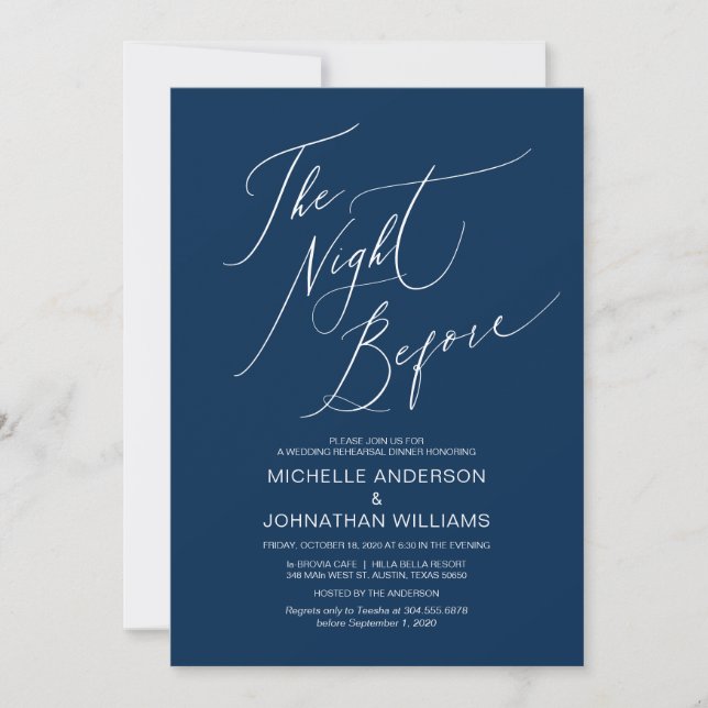 Modernes Drehbuch, Navy Blue, Hochzeit-Probe-Dinne Einladung (Vorderseite)