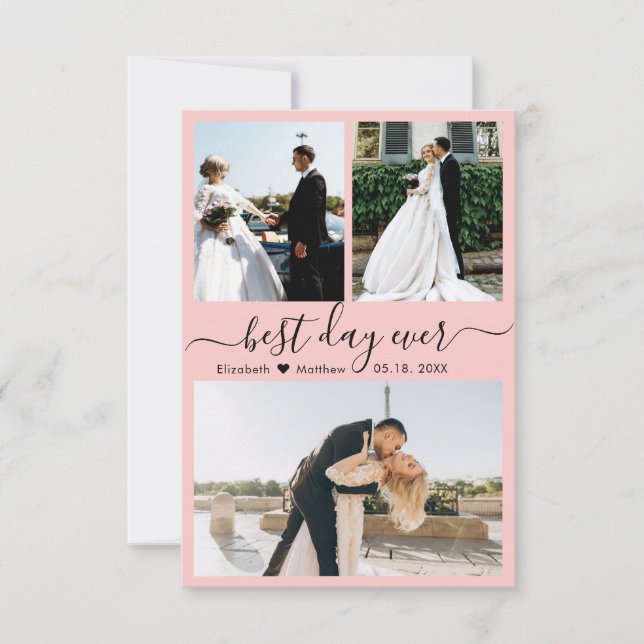 Modernes Drehbuch Rosa 3 Foto Collage Wedding Dankeskarte (Vorderseite)