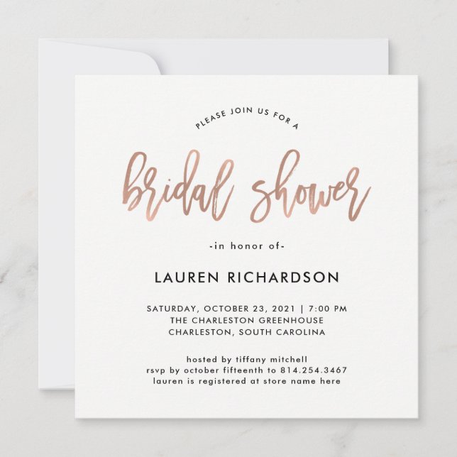 Modernes Drehbuch| Rose Gold Bridal Dusche Einladu Einladung (Vorderseite)