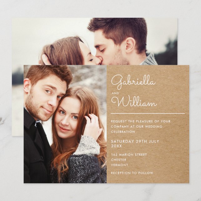 Modernes Drehbuch Rustic Kraft 2 Foto Hochzeit Einladung (Vorne/Hinten)
