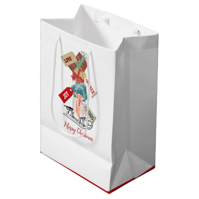 Modernes Drehbuch Schlitten Niedlich Red White Fro Mittlere Geschenktüte (Vorderseite Schrägansicht)