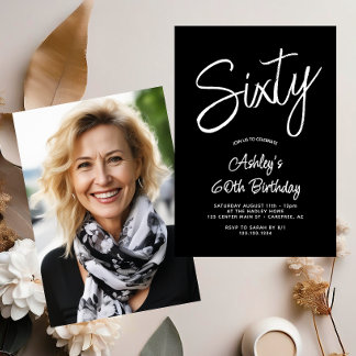 Modernes Drehbuch Schwarz-weiß 60. Foto Geburtstag Einladung