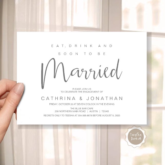 Modernes Drehbuch, Verlobung Dinner Party Celebrat Einladung (Modern Script, Engagement Dinner Party Invitation Card, Eat, Drink, Soon To Be Married, Dark Grey)