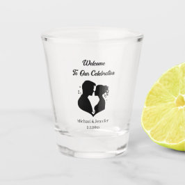 Modernes Drehbuchpaar willkommen Hochzeit Schnapsglas