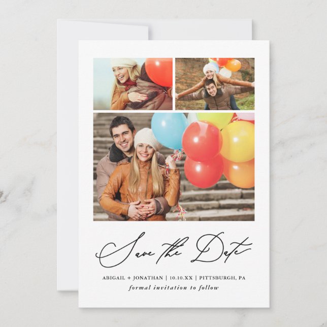 Modernes Drei-Foto-Handschrift Save The Date (Vorderseite)