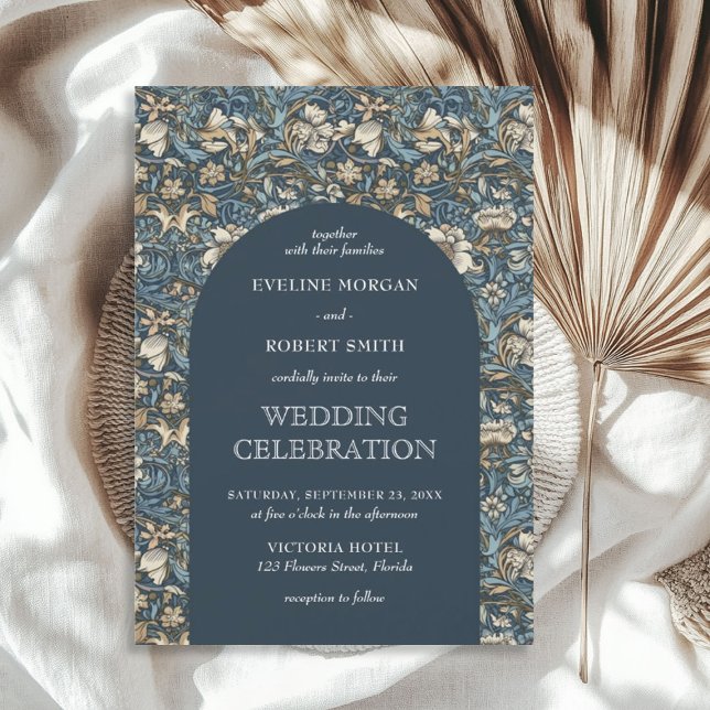 Modernes, dunkelpastellblaues Elfenbein Blumenmuse Einladung (Modern Dark pastel blue ivory floral Art Nouveau Invitation)