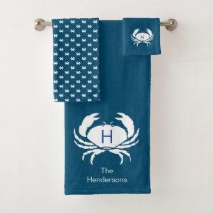 Modernes, dunkles Aquamarines Blue Crab Monogram N Badhandtuch Set