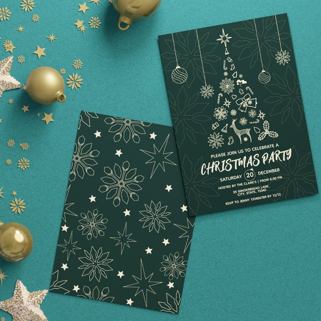 Modernes dunkles Grün und Gold Elegantes Xmas Tree Einladung (Modern Dark Green and Gold Elegant Xmas Tree Party Invitation)