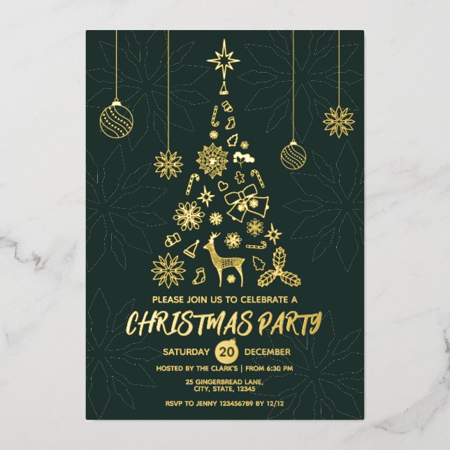 Modernes dunkles Grün und Gold Elegantes Xmas Tree Folieneinladung (Vorderseite)