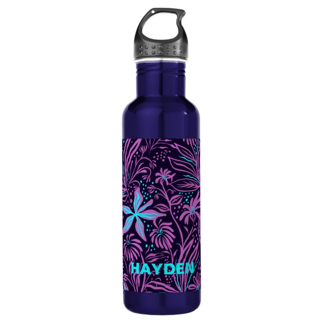 Modernes dunkles Lila Blumenmuster Personalisiert Edelstahlflasche (Vorderseite)
