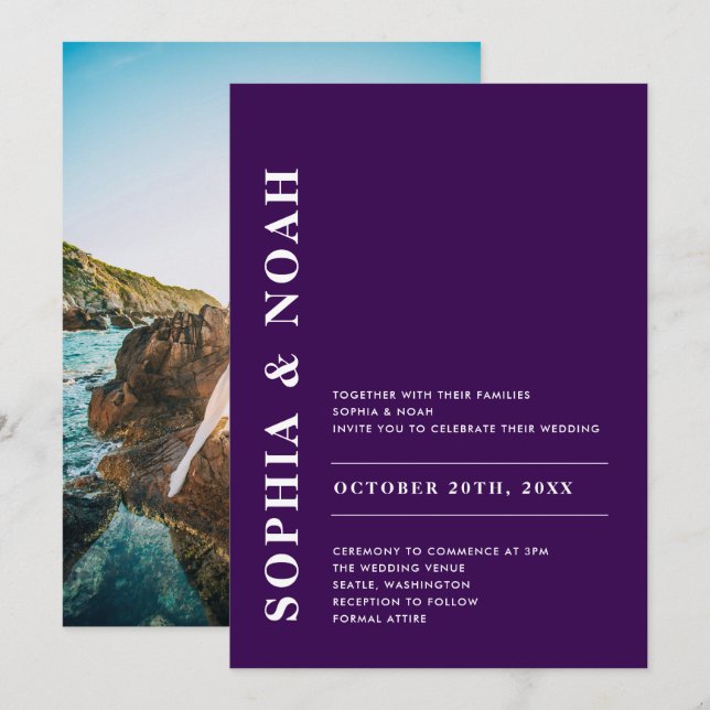 Modernes dunkles Lila Elegantes einfaches Hochzeit Einladung (Vorne/Hinten)