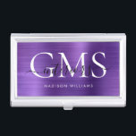 Modernes dunkles Lila gebürstetes Metall 3 Monogra Visitenkarten Dose<br><div class="desc">Modernes,  elegantes,  dunkles Lila gebürstetes Monogram-Script-Kartentasche</div>