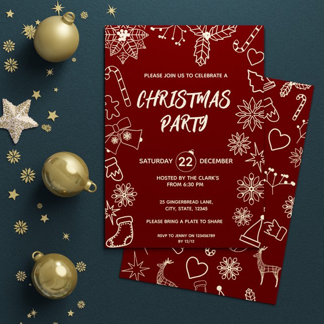 Modernes Dunkles Rot und Gold Elegantes Xmas Party Einladung (Simple Modern Dark Red and Gold Elegant Xmas Party Invitation)