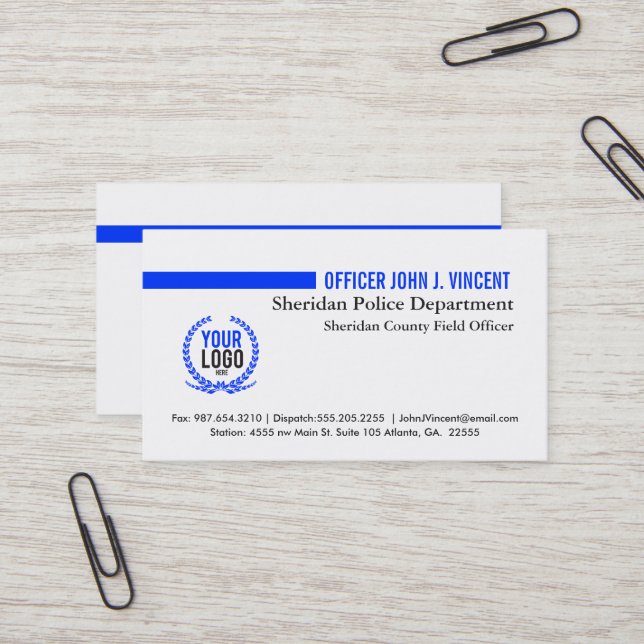 Modernes dünnes Blue Line überwachen Weiß mit Logo Visitenkarte (Vorderseite/Rückseite Beispiel)