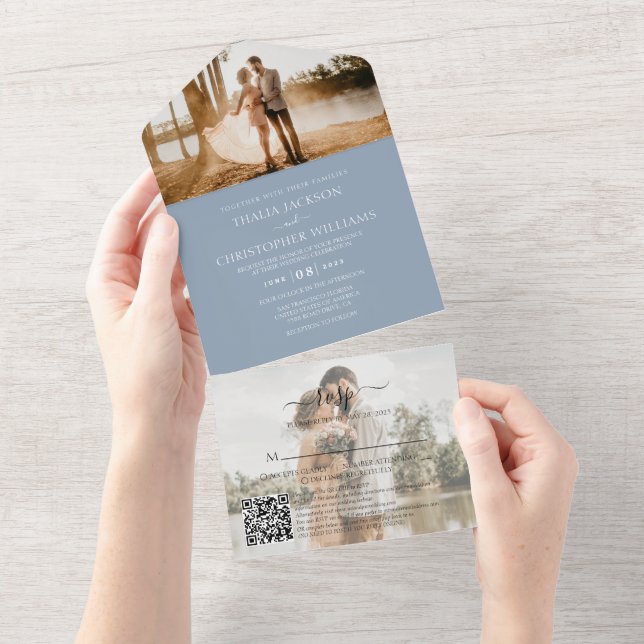 Modernes Dusty Blue 2 Foto QR Code UAWG Wedding All In One Einladung (Abreißen)