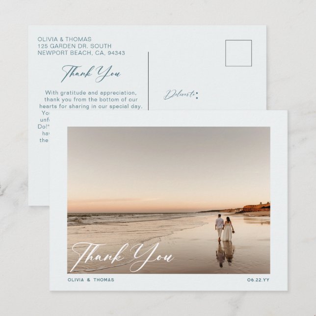 Modernes Dusty Blue Beach Wedding Foto Vielen Dank Postkarte (Vorne/Hinten)