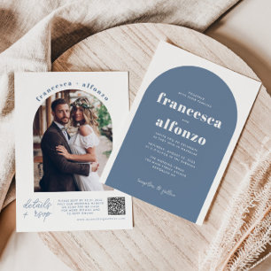Modernes Dusty Blue Details UAWG QR Foto Hochzeit Einladung