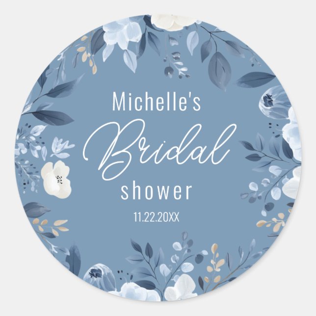 Modernes Dusty Blue Floral Boho Brautparty Runder Aufkleber (Vorderseite)