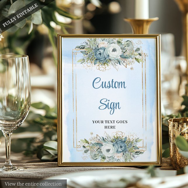 Modernes Dusty Blue Floral Gold Glitzer Wedding Si Poster (Modern Dusty Blue Floral Gold Glitter Wedding Sign)