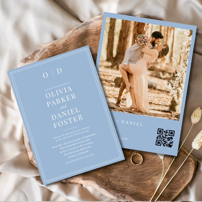 Modernes Dusty Blue Foto QR Code Wedding Einladung (Von Creator hochgeladen)