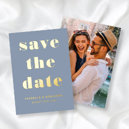 Modernes Dusty Blue Foto Save the Date Gold Folieneinladung