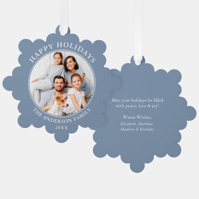 Modernes Dusty Blue Happy Holidays Foto Ornament Karte (Vorderseite/Rückseite)