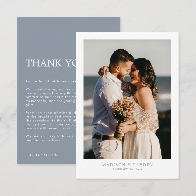Modernes Dusty Blue mit Foto Wedding Dankeskarte (Vorne/Hinten)
