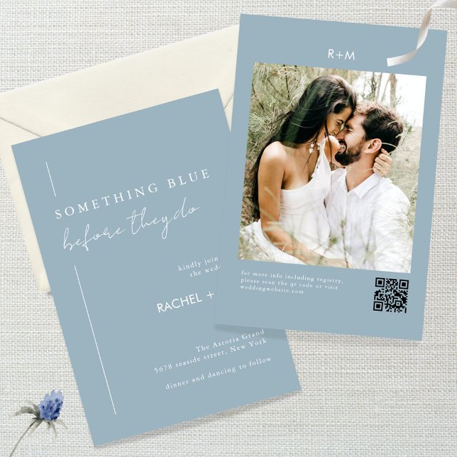 Modernes Dusty Blue QR Code Foto Hochzeit Einladung (Von Creator hochgeladen)