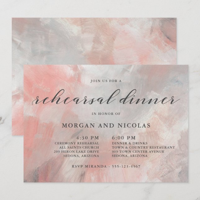 Modernes Dusty Coral Abstrakt Probe Dinner Einladung (Vorne/Hinten)