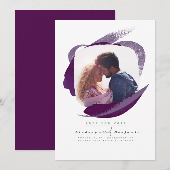 Modernes Eggplant Lila Save the Date Foto (Vorne/Hinten)