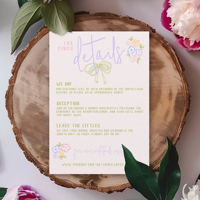 Modernes, eigenhändig gezeichnetes Bogen PASTEL Ho Begleitkarte (Ivory pastel modern trendy hand drawn written  bow vintage floral wedding invitation details card)