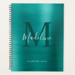 Modernes, einfach gebürstetes Metallic-Aquamarines Planer<br><div class="desc">Moderner einfacher, metallischer Monogramm-Planer mit Pinsel</div>