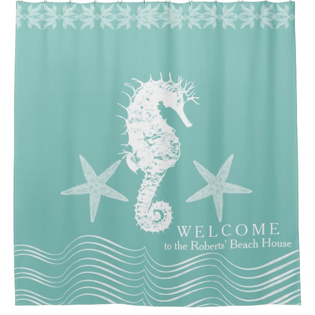 Modernes einfaches Beach House Seepferd Starfish Duschvorhang (Vorderseite)