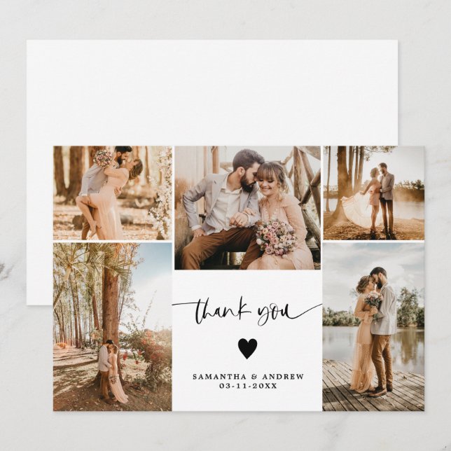 Modernes, einfaches Drehbuch Herz 5 Fotos Hochzeit Dankeskarte (Vorne/Hinten)