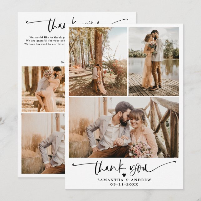 Modernes, einfaches Drehbuch Herz 6 Fotos Hochzeit Dankeskarte (Vorne/Hinten)