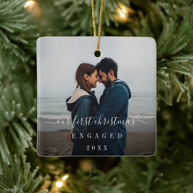 Modernes, einfaches Foto Unser erstes Weihnachtsfe Keramikornament (Baum)