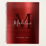 Modernes, einfaches, gebürstetes Metallisches Rote Planer<br><div class="desc">Moderner einfacher,  metallisch roter Monogramm-Planer mit Pinselform</div>