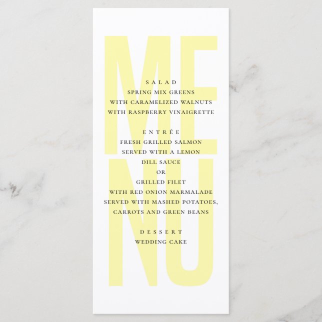 Modernes, einfaches, gelbes Typografie-Hochzeitses Menükarte (Vorderseite)