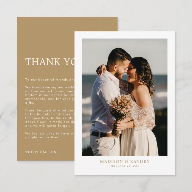 Modernes, einfaches Gold mit Foto Hochzeit Dankeskarte (Vorne/Hinten)