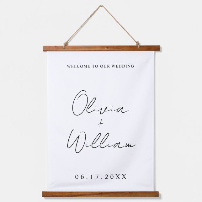 Modernes, einfaches Hochzeitswillkommen Wandteppich Mit Holzrahmen (Vorderseite)