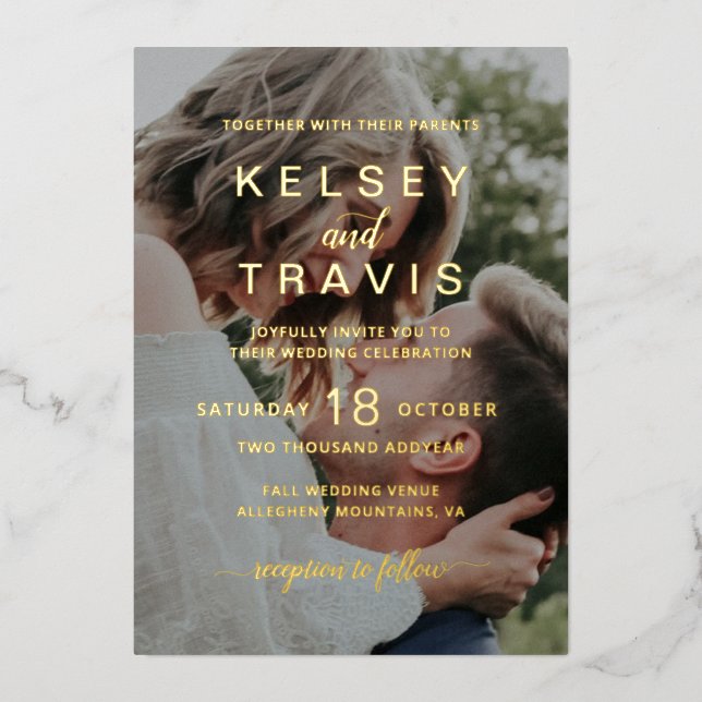 Modernes, einfaches Lässiges Foto Wedding Gold Folieneinladung (Vorderseite)