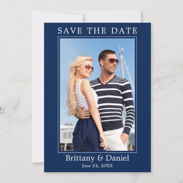 Modernes, einfaches Minimalistisches Foto Navy Blu Save The Date (Vorderseite)