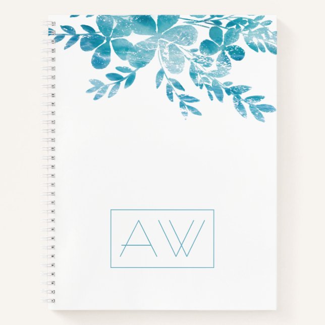 Modernes, einfaches Monogram Blue White Floral Bus Notizbuch (Vorderseite)