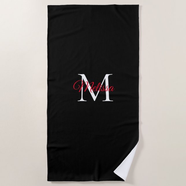 Modernes, einfaches Monogramm schwarz rot Strandtuch (Vorderseite)