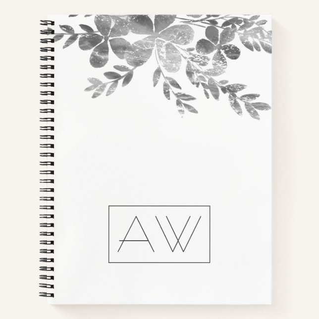 Modernes, einfaches Monogramm-Schwarz-weißes Blume Notizbuch (Vorderseite)