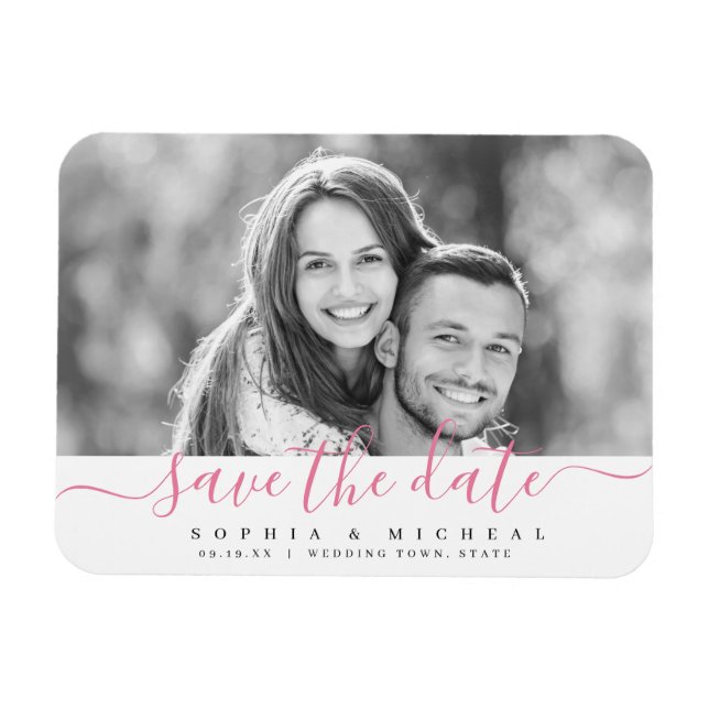 Modernes, einfaches rosa Skript-Foto Save the Date Magnet (Horizontal)
