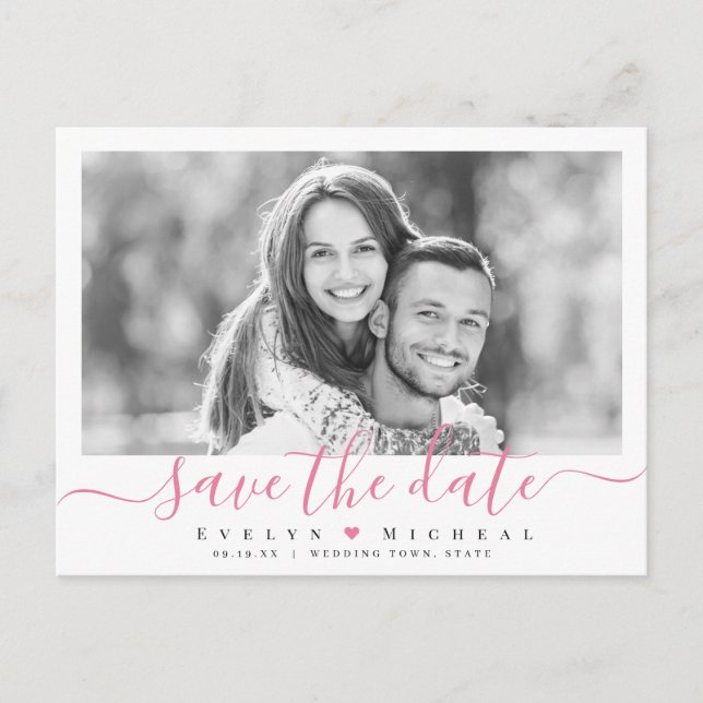 Modernes, einfaches rosa Skript-Foto Save the Date Postkarte (Vorderseite)